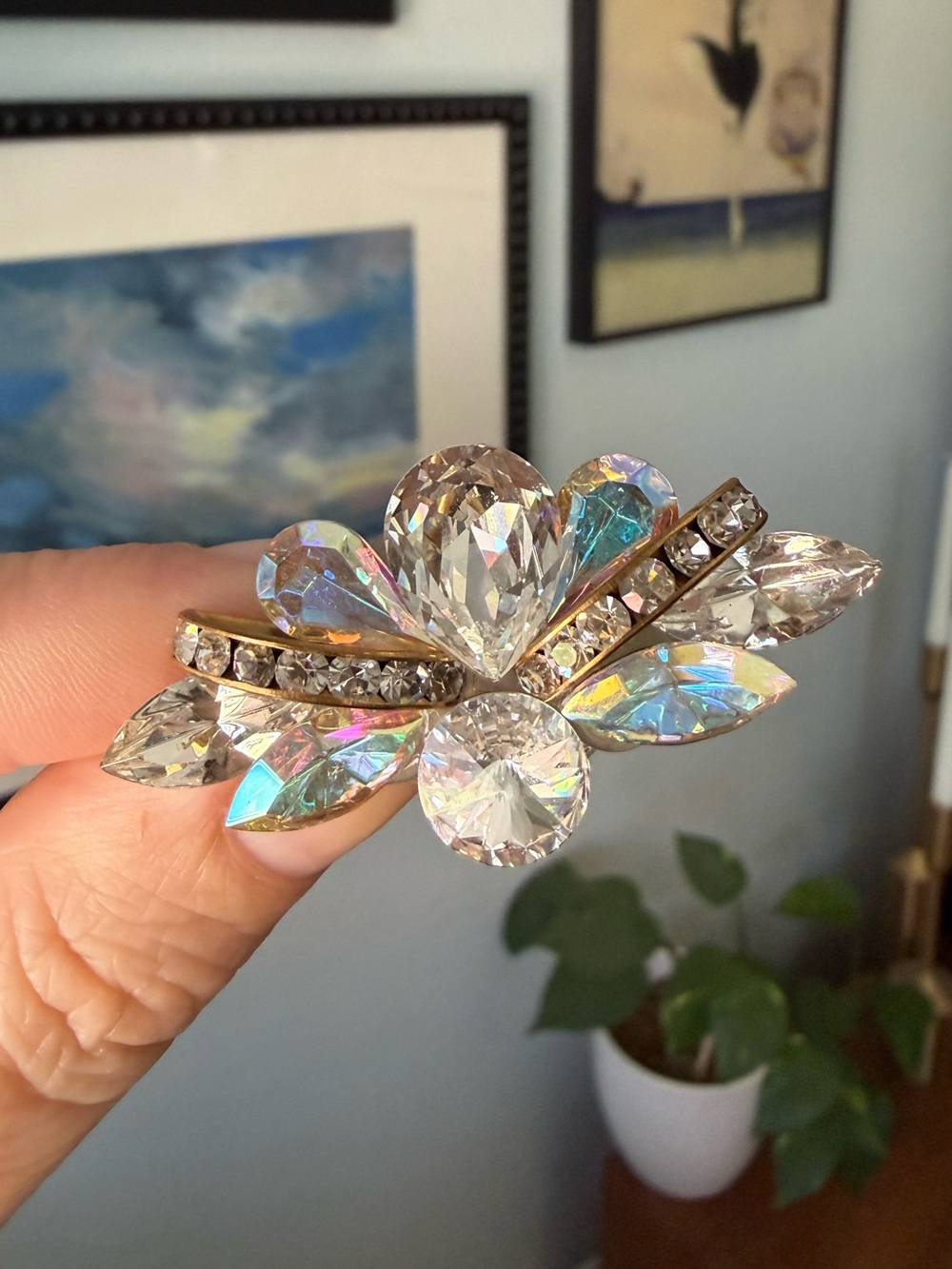 Vintage Aurora Borealis Crystal Floral Brooch Iridescent Rhinestone Cluster